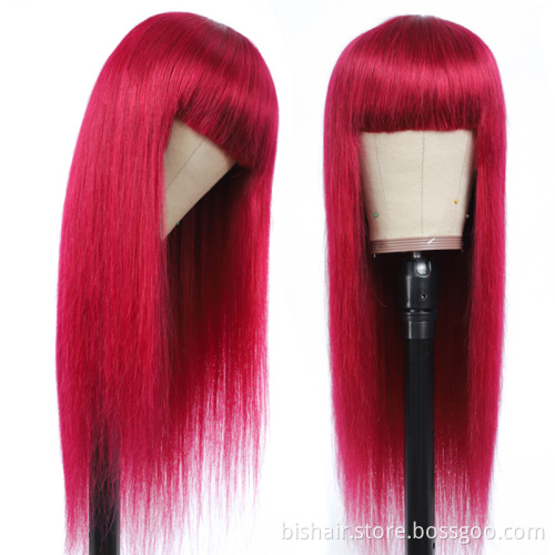 Wholesale Burgundy Red Human Hair Wigs With Bangs Brazilian Straight Non Lace Hair Wigs For Black Women Full Machine Made Wig